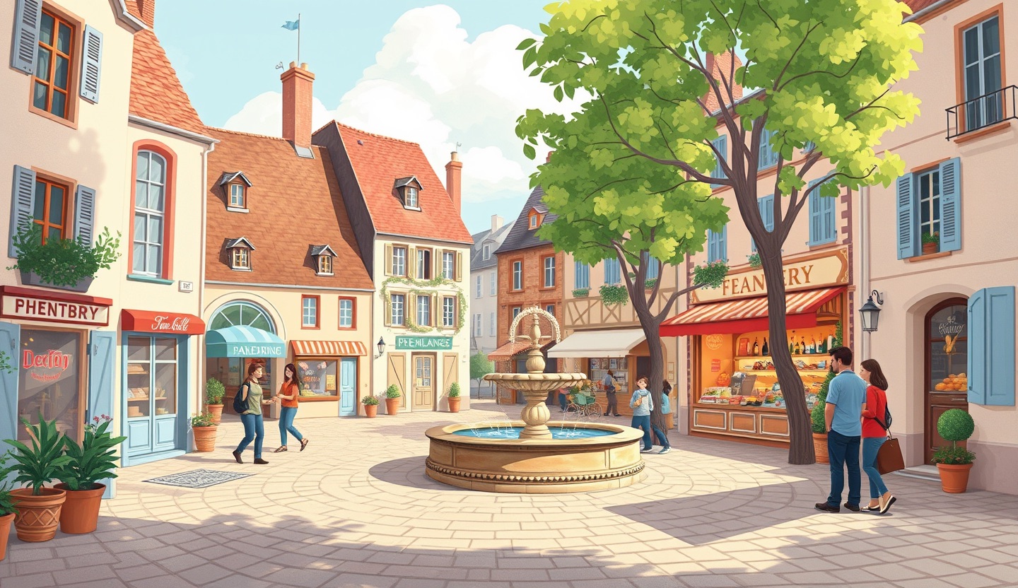 Une place de village français illustrée, avec une boulangerie, une fontaine, des platanes et des habitants qui se saluent dans la lumière du matin
