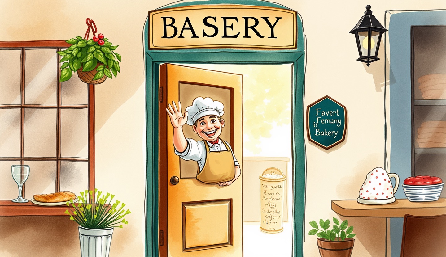 Une boulangère souriante fait coucou depuis la porte de sa petite boulangerie, illustration à l’aquarelle